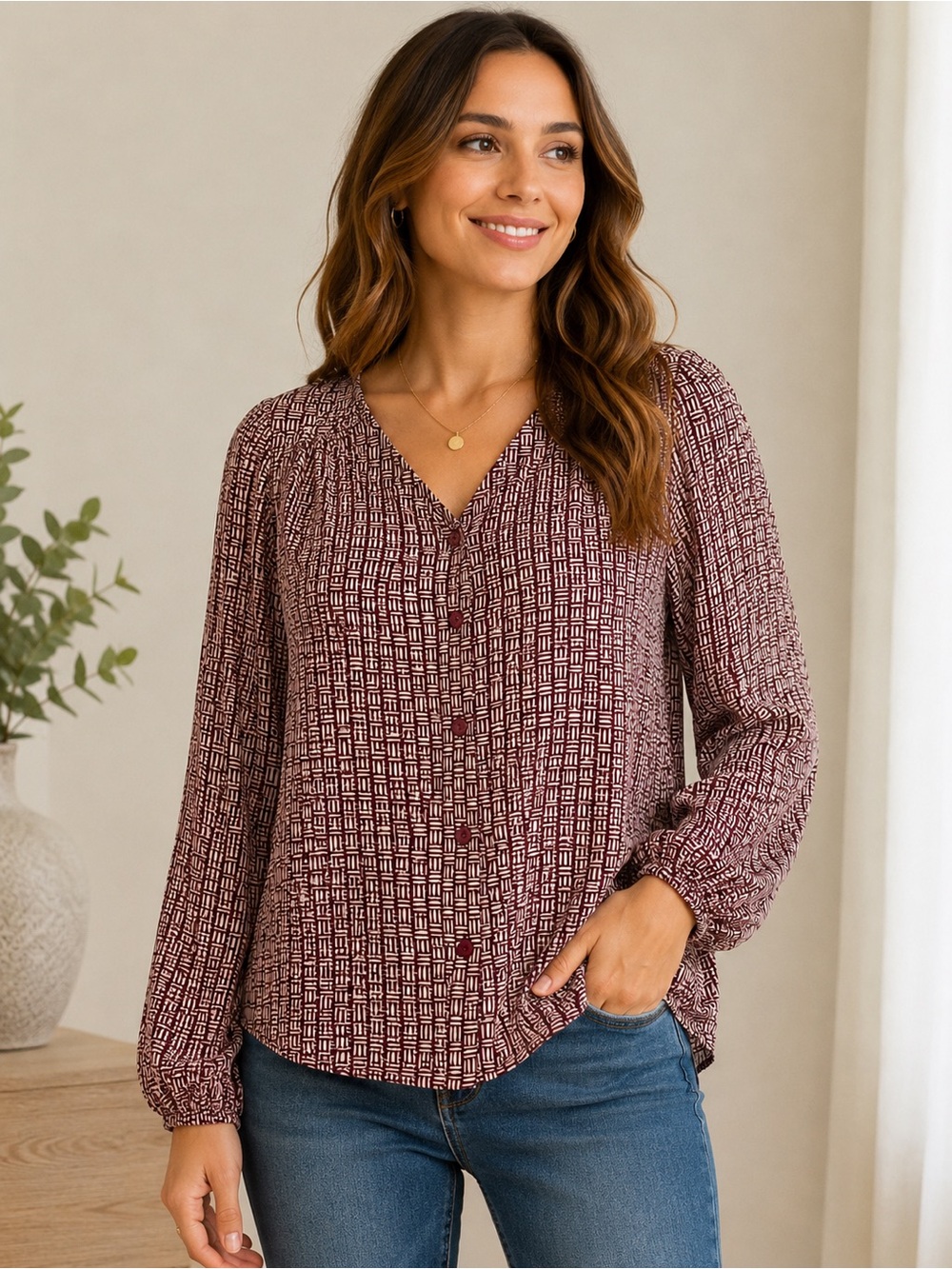 Reitmans Burgundy Geo-Print Button V-Neck Blouse